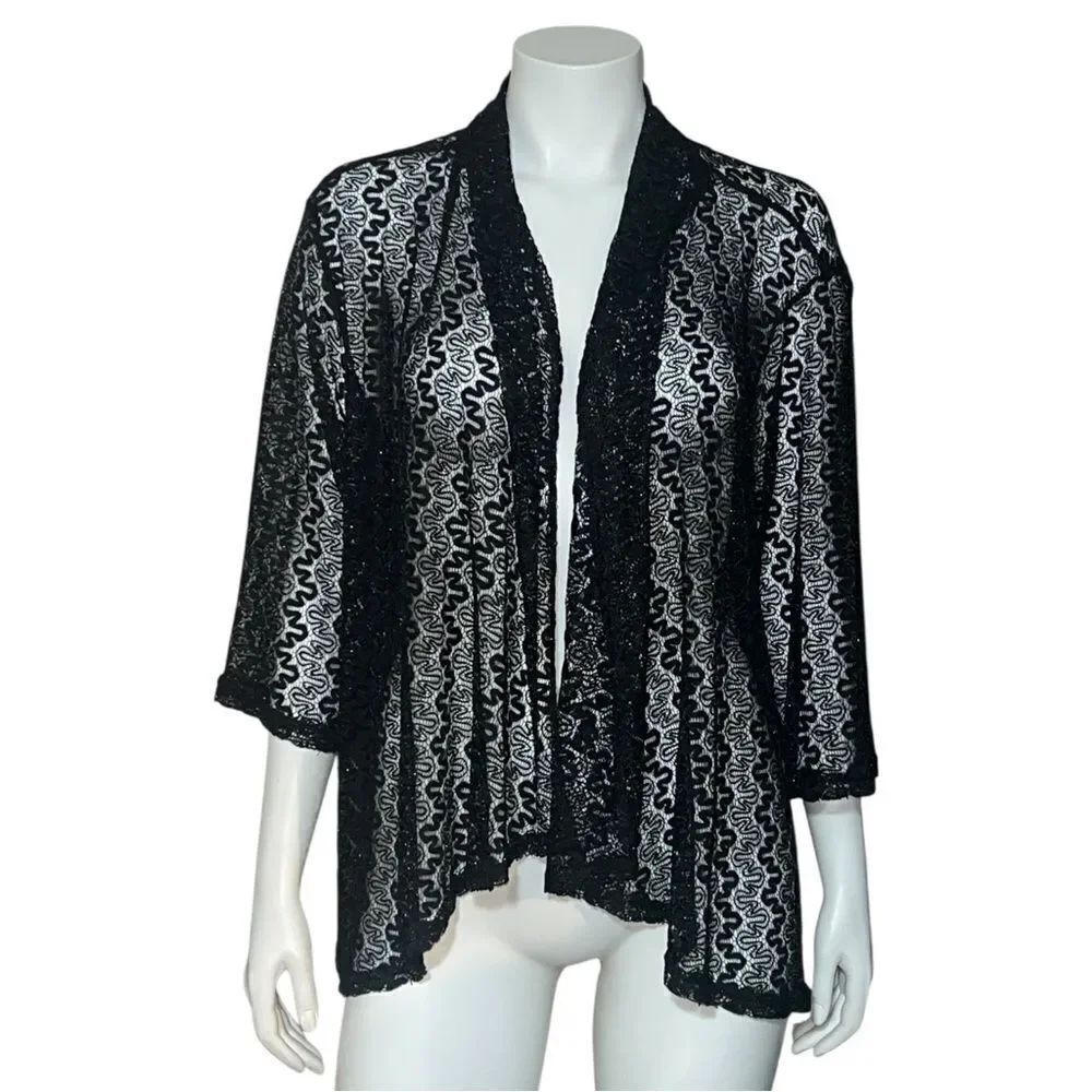 Bon Worth Women's Vintage Black Open Lace Cardigan Metallic Gold Large EUC